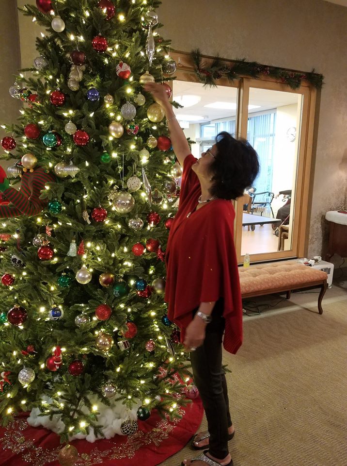 Decorated Christmas tree with white lights and person placing an ornament